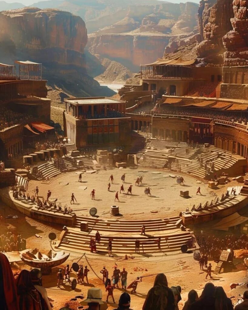 gladiatorial ring in rock canyon with people in distance