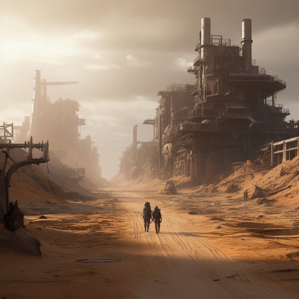 pair of people walking through a warehouse wasteland