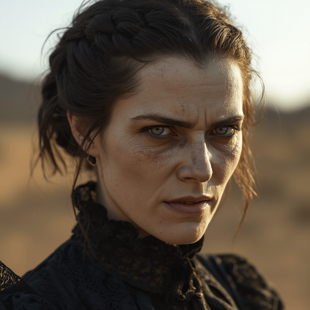 portrait of woman with braided hair looking severe
